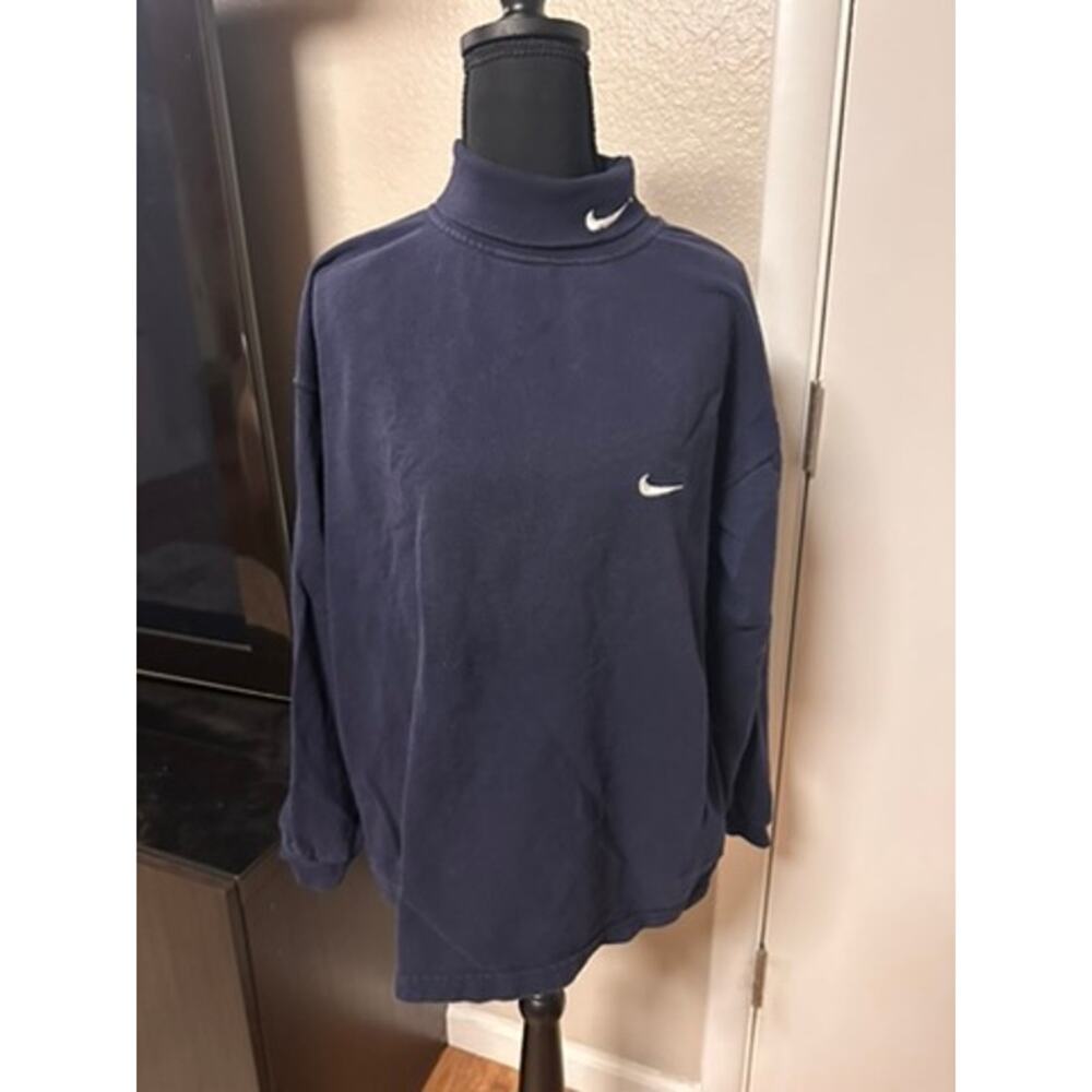 Vintage 90s Nike Double Swoosh Mock Neck Sweatshirt - Navy Blue - Size M